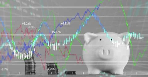 Image of financial data processing over piggybank and stacks of coins Stock Photos