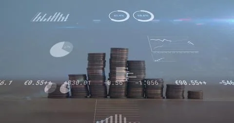 Image of financial data processing over stacks of coins Stock Photos