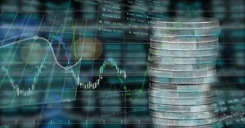 Image of financial data processing over stack of silver coins Foto stock