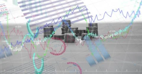 Image of financial data processing over stacks of coins Stock Photos