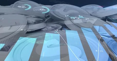 Image of financial data processing over stack of american dollar coins Stockfoto's