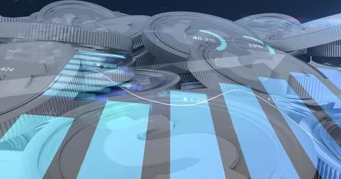 Image of financial data processing over stack of american dollar coins Foto stock