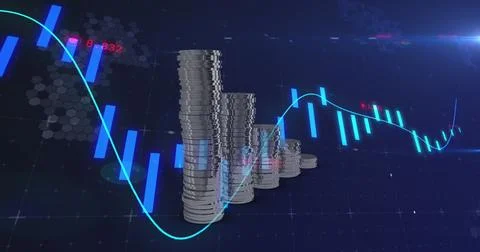Image of financial data processing over stacks of coins Stock Photos