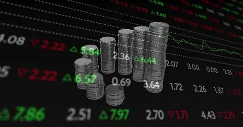 Image of financial data processing over stacks of coins 库存照片