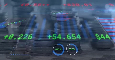 Image of financial data processing over stacks of coins Stock Photos