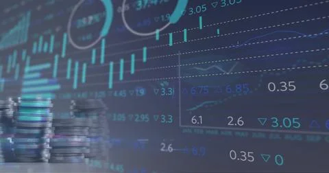 Image of financial data processing over stacks of coins Stock Photos