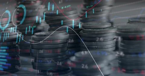 Image of financial data processing over stacks of coins Stock Photos