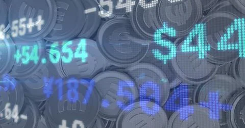 Image of financial data processing over stacks of euro currency coins Stock Photos