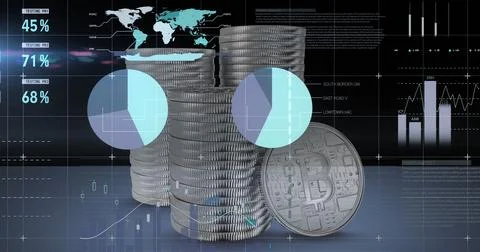 Image of financial data processing over stacks of bitcoins Stock Photos