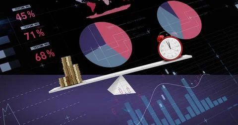 Image of financial data processing over scales with stacks of coins and alarm Stock Photos
