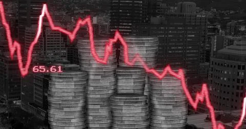 Image of financial data processing over stacks of coins Stock Photos