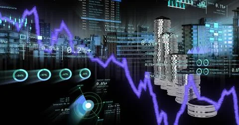 Image of financial data processing over stacks of coins and cityscape Stock Photos