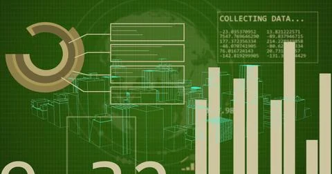 Image of financial data processing over 3d city and globe Stock Photos