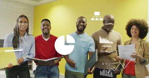 Image of financial data processing over diverse business people in office Stockfoto's