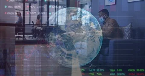 Image of financial data processing over business people with face masks talking Foto stock