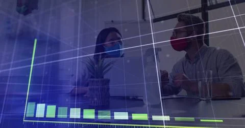 Image of financial data processing over business people with face masks talking Foto stock