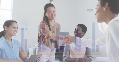 Image of financial data processing over diverse business people Stockfoto's