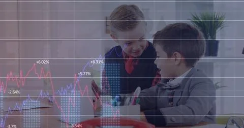 Image of financial data processing over two schoolboys working in an office Stock Photos