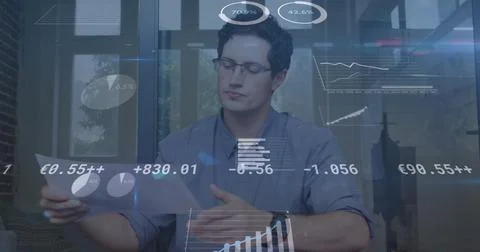 Image of financial data processing over businessman in office 스톡 사진