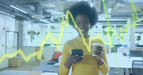 Image of financial data processing over african american businesswoman working Stock Photos