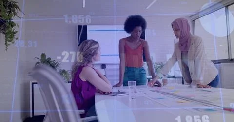 Image of financial data processing over diverse business people in office 库存照片