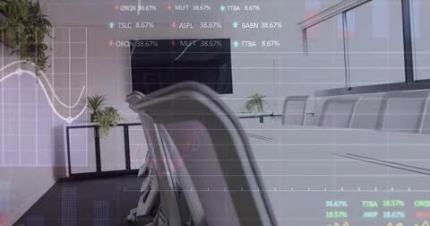 Image of financial data processing over working in office Stockfoto's