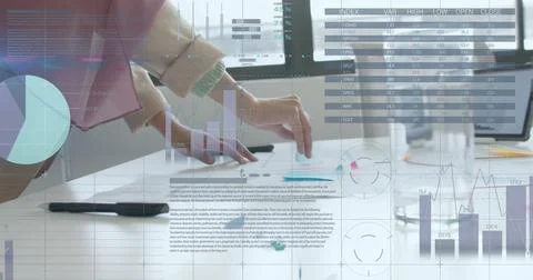 Image of financial data processing over caucasian businesswoman working in 库存照片