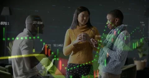 Image of financial data processing over diverse businesspeople in office Foto stock