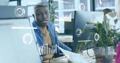 Image of financial data processing over african american businessman working in Foto stock