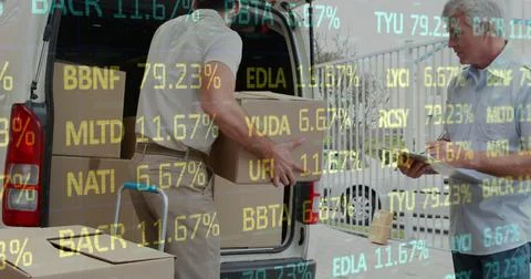 Image of financial data processing over delivery man with cardboard boxes Stock Photos