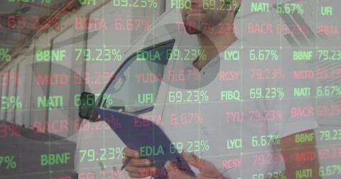 Image of financial data processing over delivery man holding clipboard outside Stock Photos