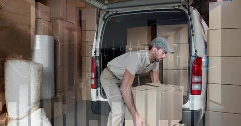 Image of financial data processing over delivery man loading up car outside of 写真素材