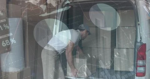 Image of financial data processing over delivery man loading up car outside of Foto stock