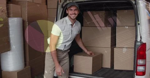 Image of financial data processing over delivery man loading up car outside of Stock Photos