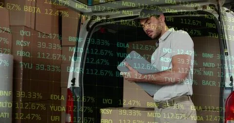 Image of financial data processing over delivery man holding clipboard outside Stock Photos