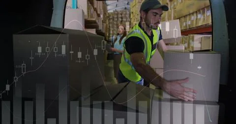 Image of financial data processing over delivery man loading up car in warehouse Stock Photos