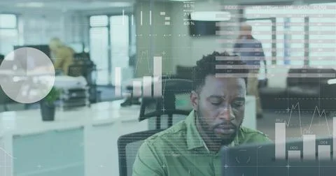 Image of financial data processing over businessman using computer in office Foto stock