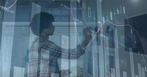 Image of financial data processing over african american businessmen Foto stock