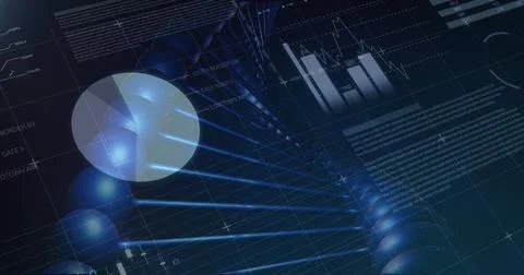 Image of financial data processing over dna strand on black background Stock Photos