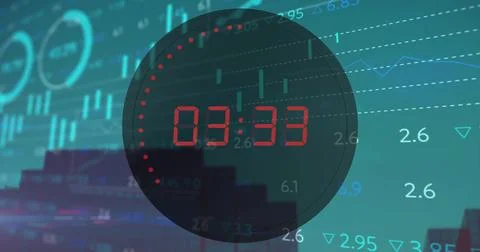 Image of financial data processing over timer changing Foto stock