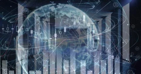 Image of financial data processing over globe and computer servers Stock Photos