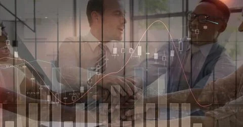 Image of financial data processing over business people stacking hands in 库存照片