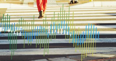 Image of financial data processing over people on zebra crossing Stock Photos