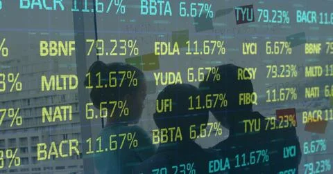 Image of financial data processing over business people Foto stock