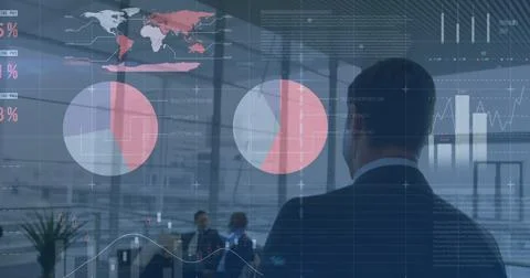 Image of financial data processing over business people in office Stockfoto's