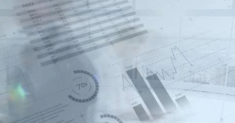 Image of financial data processing over business people walking in office 库存照片