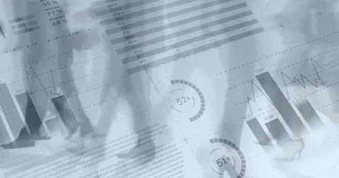 Image of financial data processing over business people walking Foto stock