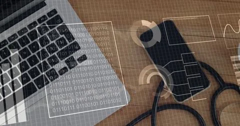 Image of financial data processing over office desk with electronic devices Stockfoto's