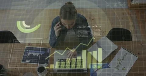 Image of financial data processing over caucasian businesswoman working in 库存照片