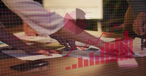 Image of financial data processing over diverse business people in office 库存照片